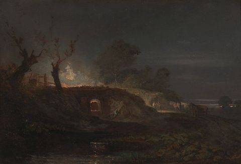 Painting. A dark, night-time scene rendered in midnight blue, forest green, and dark brown. A doorway carved into a rock is illuminated from within, and a person lies near its entrance. The light extends into the surrounding scenery, and reflects in a foreground pool of water. In the navy-blue sky, is a small scattering of stars. 