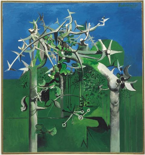 Painting. A semi-abstract painting suggesting a landscape, with a flat, vivid blue sky, and a bright green ground. Angry looking, spiky shapes in silvery grey emerge from the ground and extend into the sky, forming a barbed and menacing tangle of forms within the centre.