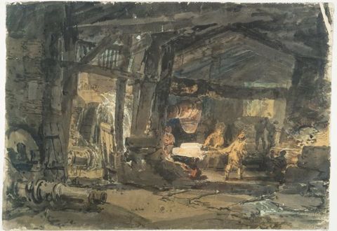 Painting. An expressively painted view inside an industrial foundry, painted in muted shades of grey and brown. Two people in the distance wearing overalls carry out work with glowing molten metal, while people further behind raise hammering tools into the air. Angular, wooden timbers form a high ceiling above. 