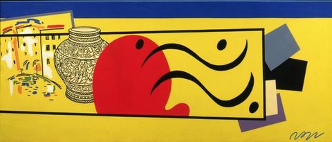 Painting. A vivid yellow backdrop contains a series of layered shapes and forms, including angular black lines, a bright red curvaceous form, a detailed graphic line drawing of a vase, and an expressive line drawing of a street scene looking out onto water.