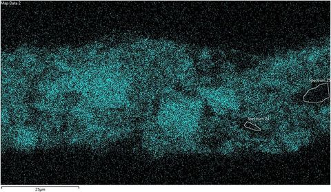 Colour photograph. A green and blue textural image with the appearance of a scientific study. In the top left, text reads ‘Map Data 2’ and in the lower portion of the right image, two areas are encircled in white, and labelled ‘Spectrum 24’, and ‘Spectrum 25’.