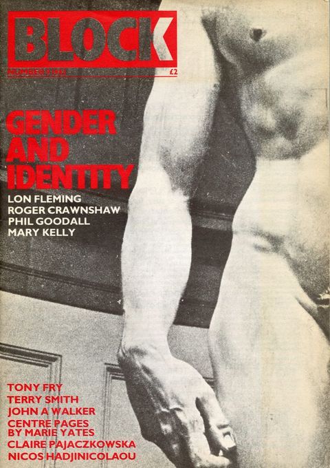 Cover of a magazine. A black and white photograph showing a cropped view of a sculpture depicting a nude male model, with part of the right torso, upper thigh, right arm, and hand just visible. On the left, several passages of text in red and white are laid over the surface. Title text reads ‘Block / Number 9 1983’. 