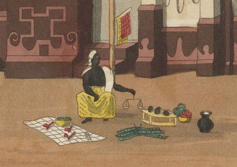Drawing. In this detailed section of a larger drawing a person sits on the ground dressed in yellow and white fabric, holding a balancing scale out in one hand. To their left is a checked picnic blanket on which food and utensils are laid out, and on the right are more domestic objects including a plant and an urn.