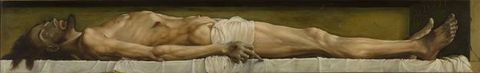 Painting. A depiction of a gaunt, reclining man with long hair and a beard seen from a side-on view, with stigmata punctures on his hands and feet. He is stretched out across a flat surface covered by a white cloth, and has a small white loincloth covering his groin area. The man’s eyes roll upwards as if nearly dead, and his lips are slightly parted. 