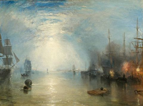 Painting. A light-infused, theatrical seascape scene, with tall ships gathering in opposing groups on either side of the painting. On the right, ships contain glowing embers of fire, suggesting a battle. In the centre, a halo of light emerges from the sky and reflects into the ocean below. 
