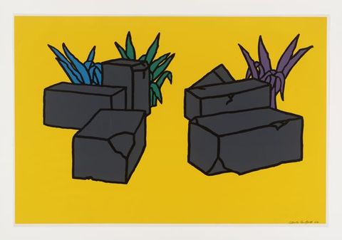 Painting. A bright, flat yellow background contains two rows of three rugged grey bricks, one stacked in front of the other, drawn with heavy black outlines. Behind the bricks colourful plants peek out in shades of blue, green, and purple. A small signature is just visible in the lower right.