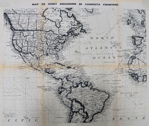 Colour map. This detailed black and white map bears the title text ‘Map to Assist the discussion of Carifesta Countries.’ The area is split into two by the North Atlantic Ocean. Visible site names on the left include Ontario, Quebec, the Gulf of Mexico, Colombia and Brazil, and on the right, we can just see the United Kingdom, France, and Mauritania. 