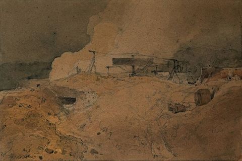 Drawing. A pencil and ink wash drawing showing a rocky area of land. Along a flat area is an arrangement of industrial metal tools lined up in a row. A grey area of ink suggests a stormy sky on the left. On the lower left, a loose signature is visible.