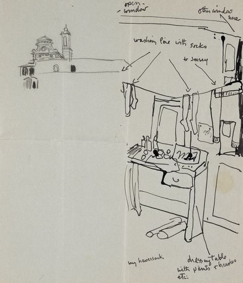 Drawing. A simple line drawing executed in black pen, and dark pencil. On the left, a small pencil drawing depicts the skyline view of a few ornate buildings. On the right, loosely scrawled pen lines describe a messy dressing table scattered with detritus, and a drying line over which socks have been slung, accompanied by explanatory hand-written notes and arrows.