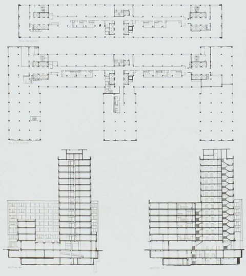 Drawing. A black and white architectural drawing showing a modern building design from different viewpoints. Two upper studies show the floorplan as seen from above, while two below illustrate the building seen face-on at ground level. 