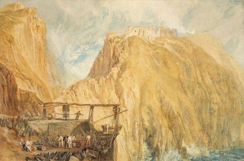 Painting. A coastal scene showing tall, pale yellow mountainous rocks in the distance, lashed at from below with crashing waves. In the near distance, a flat area of rock reaching in from the left contains a gathering of people carrying out back-breaking mining work using pulleys and carts.
