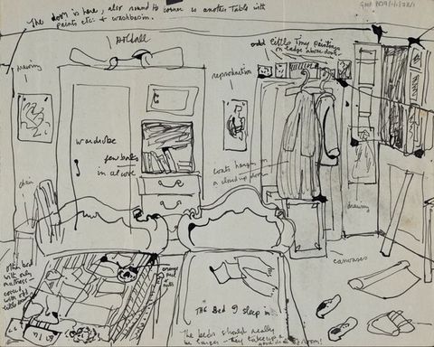 Drawing. A busy line drawing describing the view into a crowded bedroom with two beds, a chest of drawers, and a closed door. Clothing, artworks, and art materials are spread messily throughout the room. Handwritten notes with arrows provide further details, such as, ‘The door is here, also around the corner is another table with paints etc. + washbasin’. 