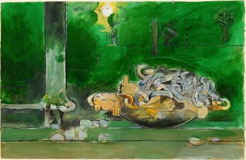 Painting. A vivid green painting with an expressive quality, that contains a series of semi-abstract shapes and lines in black, blue, and beige. In the background, a white, circular shape suggests a blinding bright light, while in the right foreground a tangle of curvaceous marks and lines resemble a series of three-dimensional forms. 
