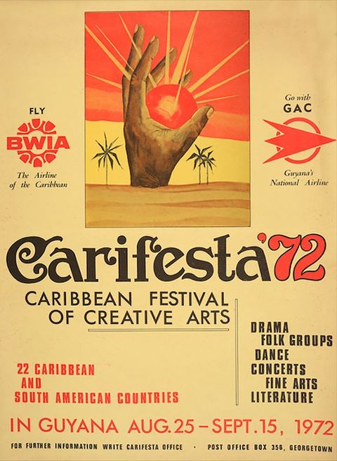 Poster. Across the centre of a beige coloured poster is black text reading ‘Carifesta ‘72’ and the subheading ‘Caribbean Festival of Creative Arts’. Above the text is a colourful illustration featuring a hand emerging from a sandy, palm tree lined beach, holding a glowing red orb that emits beams of golden light into the pink sky beyond.