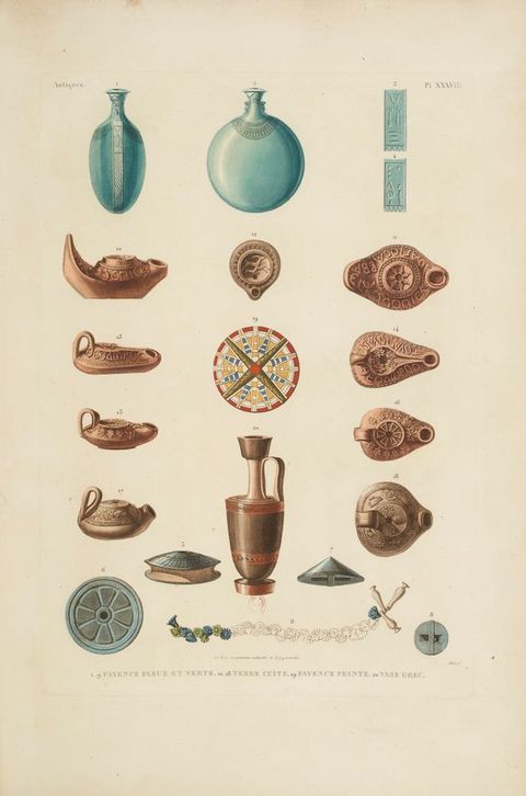Page of a book. A series of colourful and intricately decorated objects are drawn with precise detail onto a blank white page to resemble the page of a scientific manual. Each object has a corresponding number. Some resemble glass bottles, and others have the appearance of miniature jugs or pots. At the top left, text reads, ‘Antiques’. 