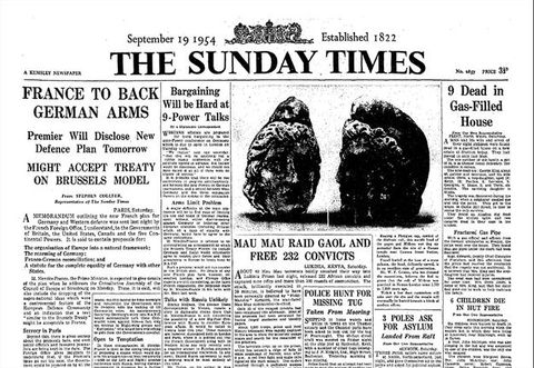 Newspaper clipping. Front page from The Sunday Times newspaper dated September 19, 1954. Included in the clipping are the headlines, ‘France to Back German Arms,’ Along with ‘Bargaining Will be Hard at 9-Power Talks,’ and ‘Mau Mau Raid Gaol and Free 232 Convicts’. 