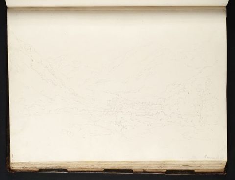 Digital facsimile. The open page of an artist’s notebook containing a delicate line drawing of a landscape. The faint, textural outlines of mountains can be seen in the distance, and in the foreground, the outlines of verdant shrubs can be seen.